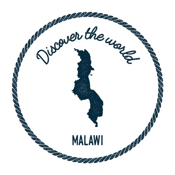 Jahrgang entdecken die Welt Gummimarke mit Malawi-Karte. — Stockvektor