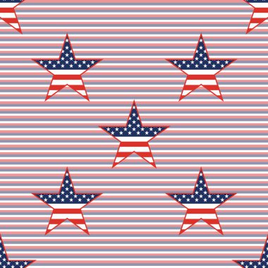 Bize vatansever yıldız seamless modeli üzerinde kırmızı ve mavi çapraz çizgili arka plan.
