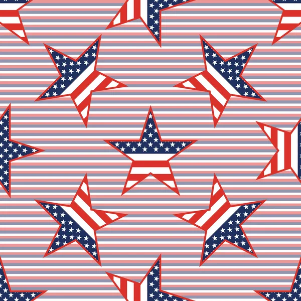 Patrón inconsútil de estrellas patrióticas estadounidenses sobre fondo de rayas diagonales rojas y azules . — Vector de stock