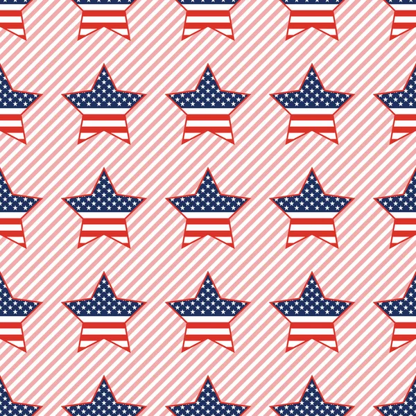 Patrón sin costuras de estrellas patrióticas de EE.UU. sobre fondo de rayas rojas . — Archivo Imágenes Vectoriales
