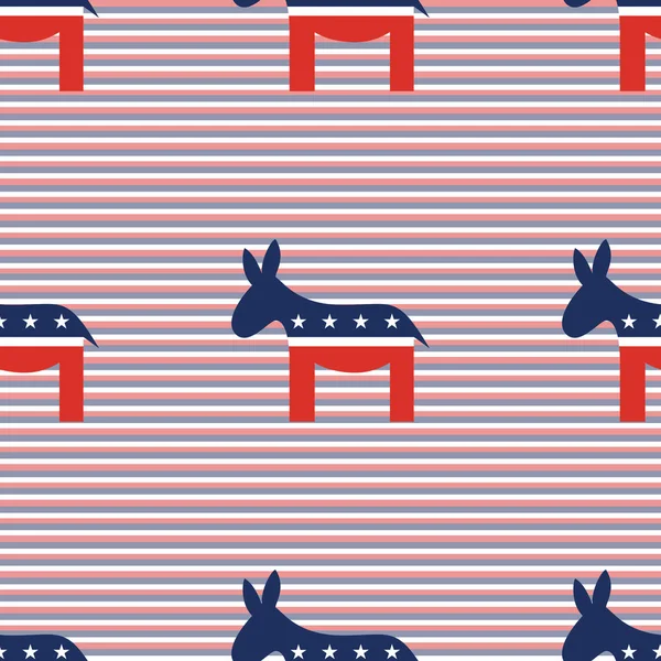 Patrón sin costuras de burros demócratas sobre fondo de rayas diagonales rojas y azules . — Vector de stock