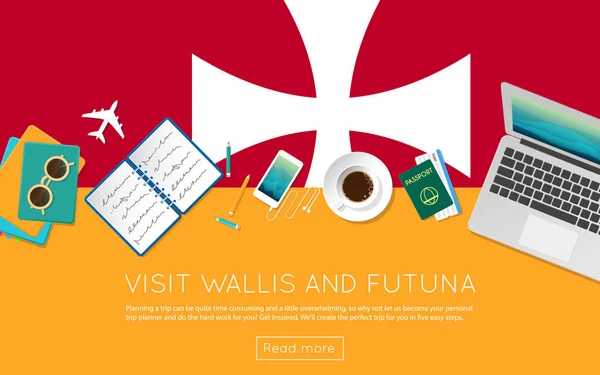 Látogasson el a web-bannert vagy nyomtatási anyagok Wallis és Futuna koncepció. — Stock Vector