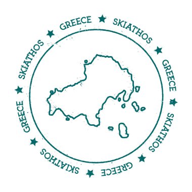 Skiathos vektör harita Distressed seyahat damga ile bir daire ve Yıldız Adası etrafında kaydırılan metin