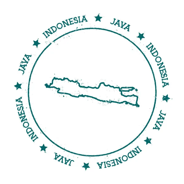 Java mappa vettoriale francobollo di viaggio Distressed con testo avvolto intorno a un cerchio e stelle Adesivo Isola — Vettoriale Stock