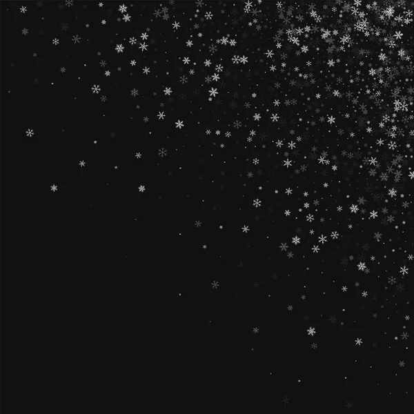Mooie sneeuwval verspreide rechter bovenhoek op zwarte achtergrond vectorillustratie — Stockvector