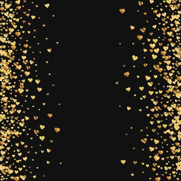 Złote serca gradientu konfetti porozrzucane ramki na tle czarny valentine wektor ilustracja — Wektor stockowy