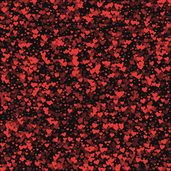 Corações vermelhos confetti Padrão espalhado em fundo preto Valentim ilustração vetorial — Vetor de Stock