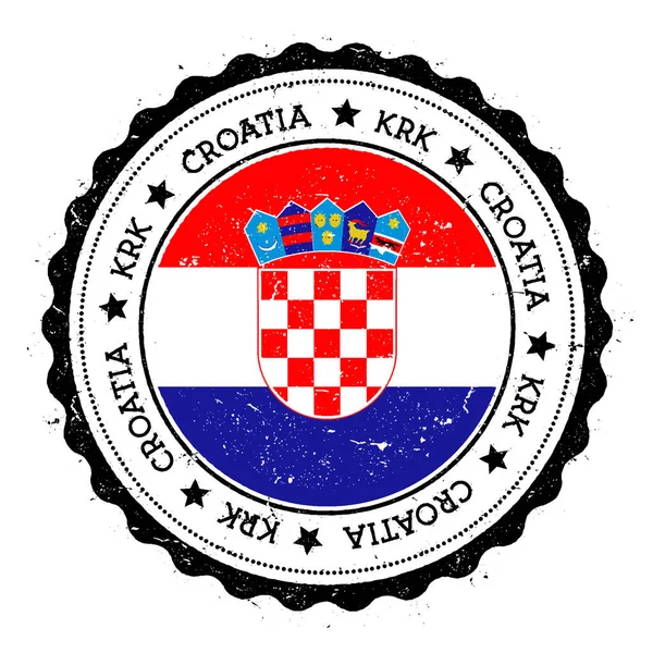 Krk flag badge vintage travel stamp mit kreisförmigen Textsternen und Inselfahne im Vektor — Stockvektor