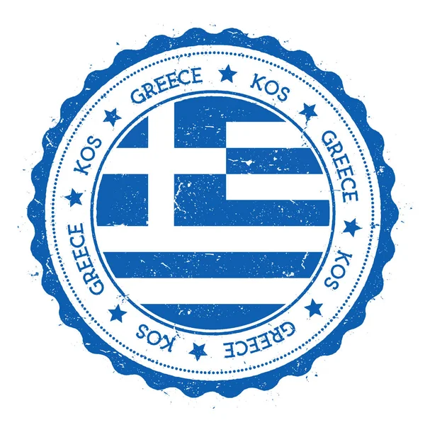 Знак флага Кос Винтажная дорожная марка с круговыми текстовыми звездами и островным флагом внутри Вектор — стоковый вектор
