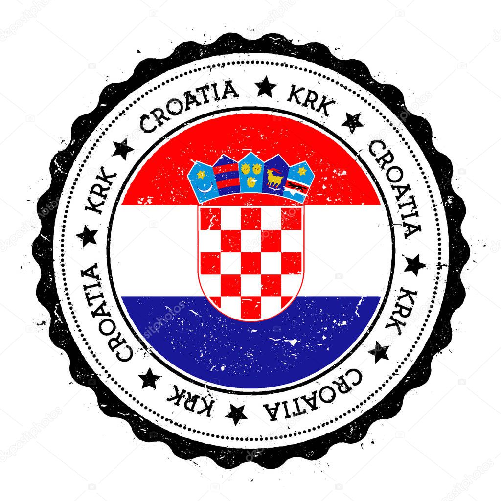 Krk flag badge. Vintage travel stamp with circular text, stars and island flag inside it. Vector illustration.