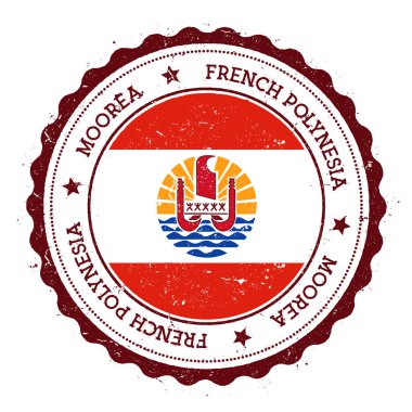 Moorea flag badge Vintage travel stamp with circular text stars and island flag inside it Vector clipart