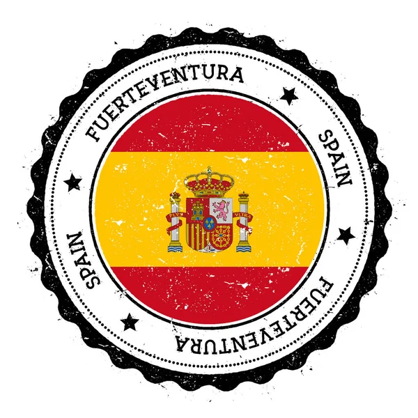 Fuerteventura flagga märke Vintage travel stämpel med cirkulär text stjärnor och ön flagga inuti den — Stock vektor