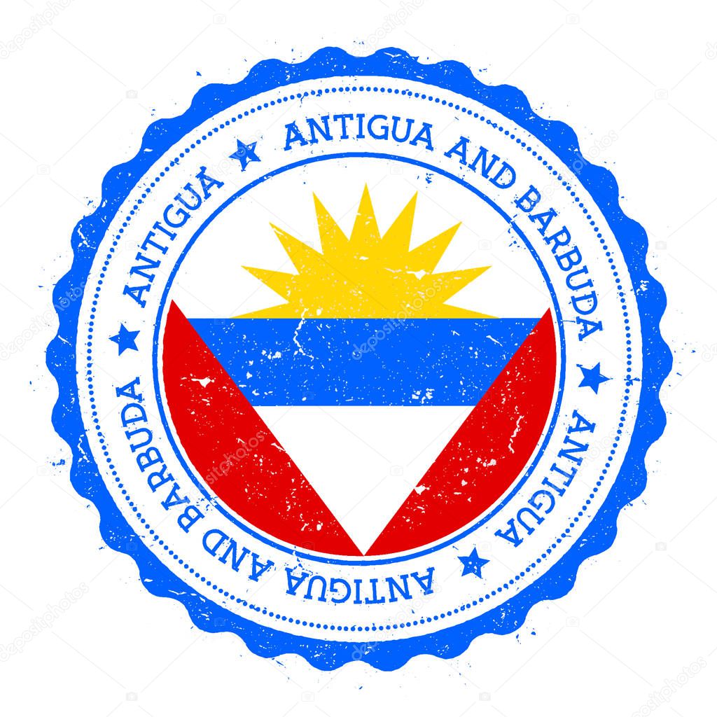 Antigua flag badge. Vintage travel stamp with circular text, stars and island flag inside it. Vector illustration.