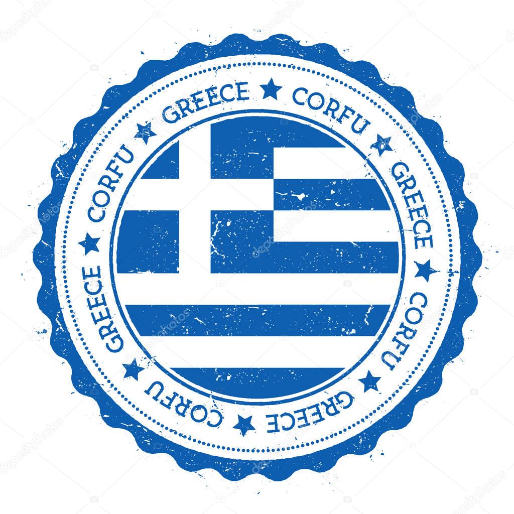 Corfu flag badge Vintage travel stamp with circular text stars and island flag inside it Vector