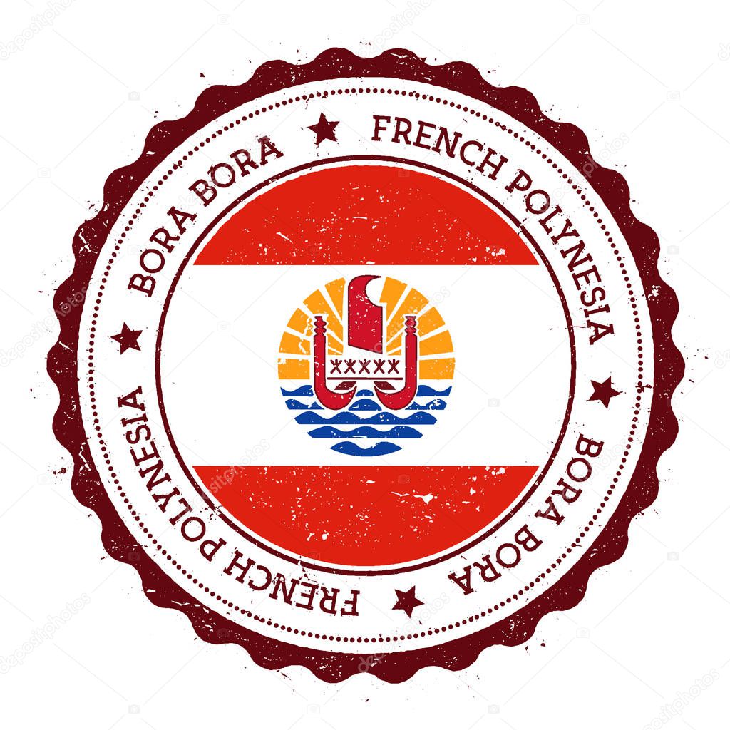 Bora Bora flag badge Vintage travel stamp with circular text stars and island flag inside it