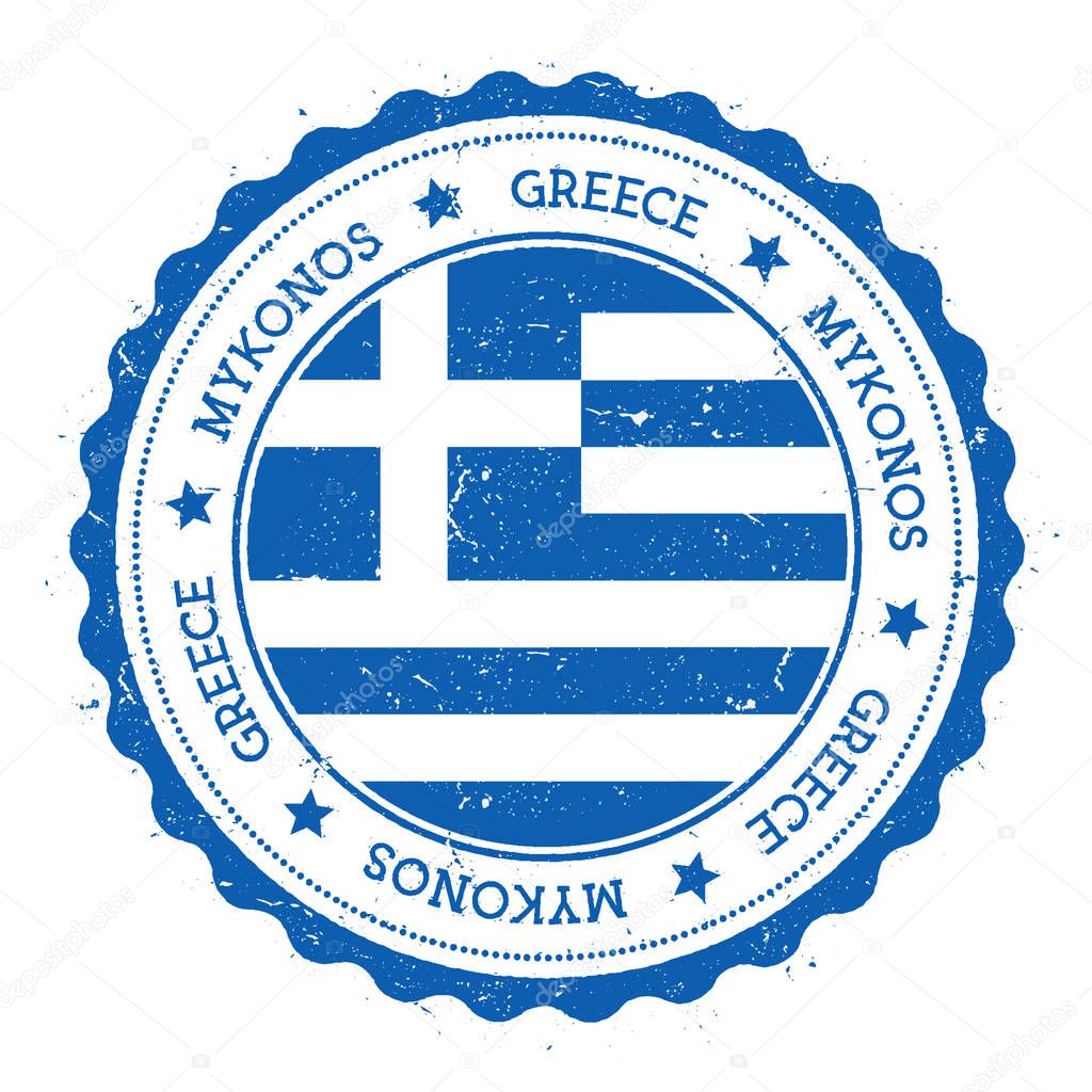 Mykonos flag badge Vintage travel stamp with circular text stars and island flag inside it Vector
