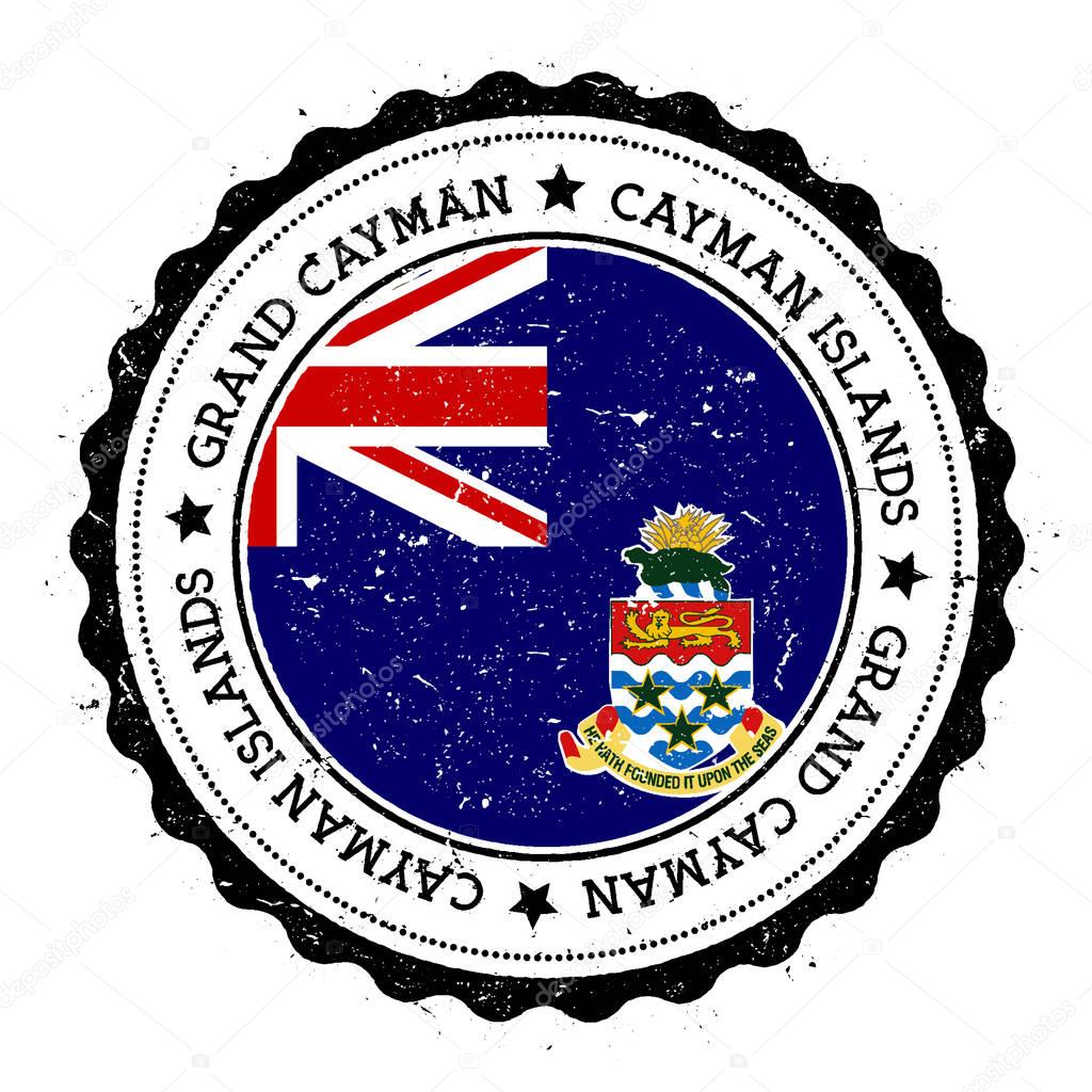 Grand Cayman flag badge Vintage travel stamp with circular text stars and island flag inside it