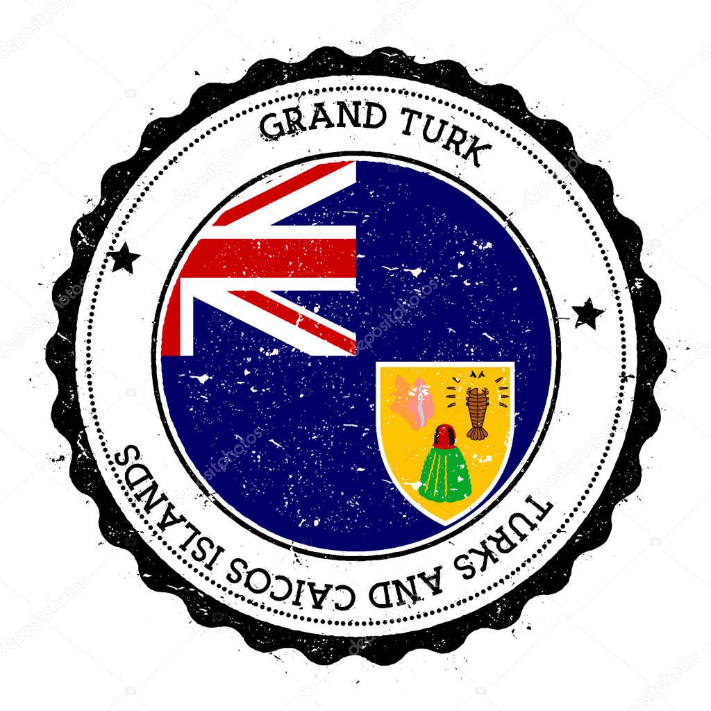 Grand Turk Island flag badge. Vintage travel stamp with circular text, stars and island flag inside it. Vector illustration.