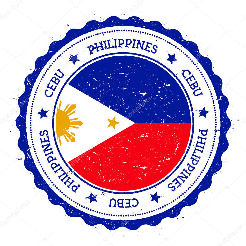 Cebu flag badge. Vintage travel stamp with circular text, stars and island flag inside it. Vector illustration.