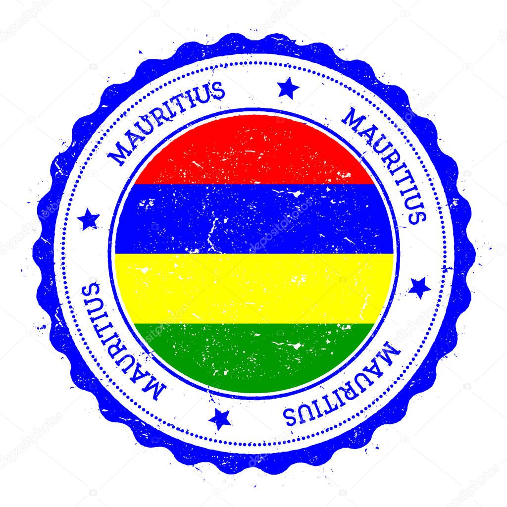 Mauritius flag badge Vintage travel stamp with circular text stars and island flag inside it