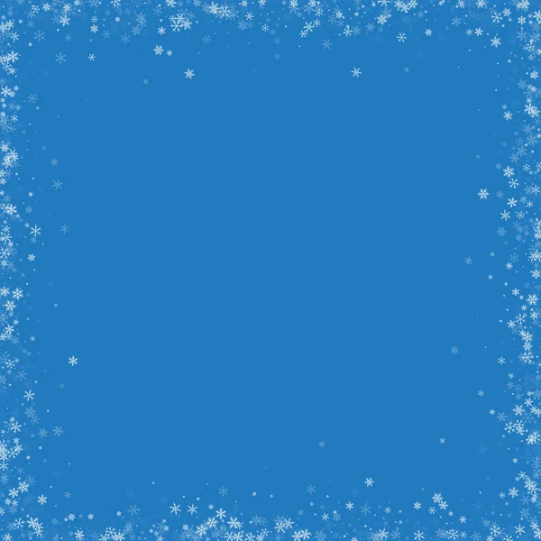 Bonita queda de neve Moldura caótica no fundo azul Ilustração vetorial — Vetor de Stock