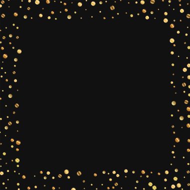 Seyrek altın konfeti kare sınır vektör çizim siyah arka plan üzerine dağılmış.
