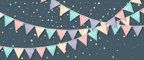 Drapeaux Bunting Cool carte de célébration avec des drapeaux en papier coloré et confettis Party — Image vectorielle