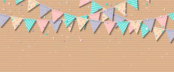 Bandeiras Bunting Cartão de celebração encantador com bandeiras coloridas de papel bunting e confete Party — Vetor de Stock