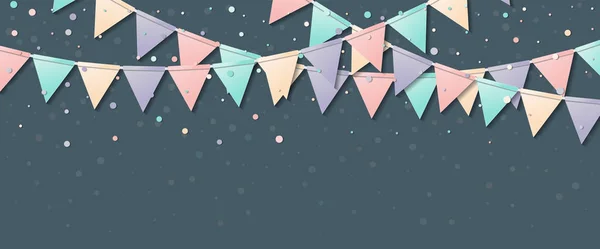 Drapeaux de Bunting Carte de célébration impressionnante avec des drapeaux de papier coloré et confettis Party — Image vectorielle