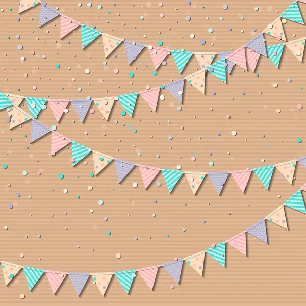 Guirlande drapeau Carte de célébration resplendissante avec guirlande drapeau en papier coloré et confettis Party — Image vectorielle