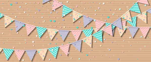 Banderas Bunting Tarjeta de celebración fina con banderas de papel de colores y confeti Fiesta — Archivo Imágenes Vectoriales