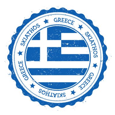 Skiathos bayrak Vintage seyahat damga dairesel metin yıldız ile rozet ve içindeki bayrak Adası