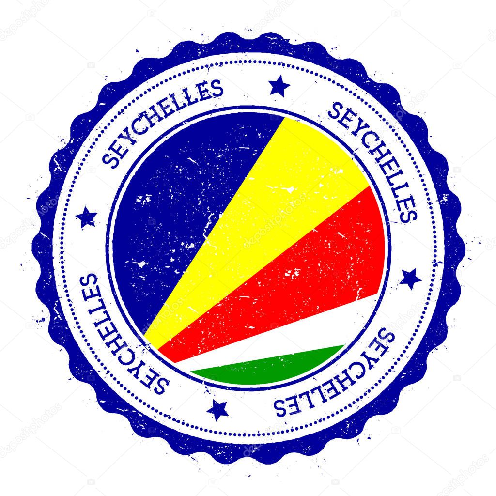 Seychelles flag badge Vintage travel stamp with circular text stars and island flag inside it