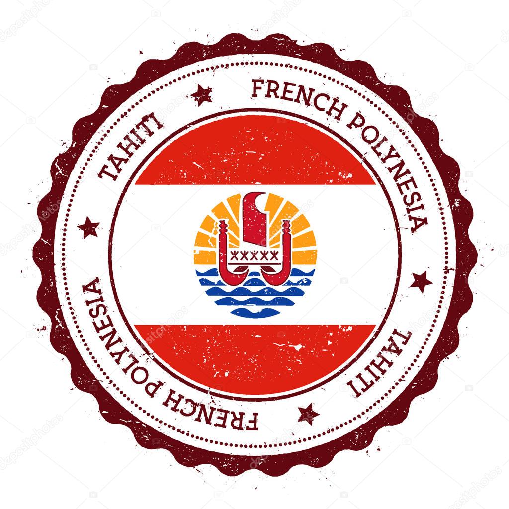 Tahiti flag badge. Vintage travel stamp with circular text, stars and island flag inside it. Vector illustration.
