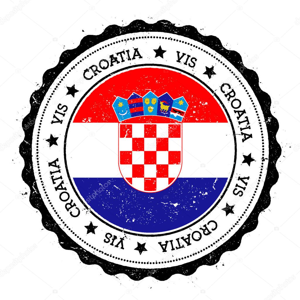 Vis flag badge. Vintage travel stamp with circular text, stars and island flag inside it. Vector illustration.