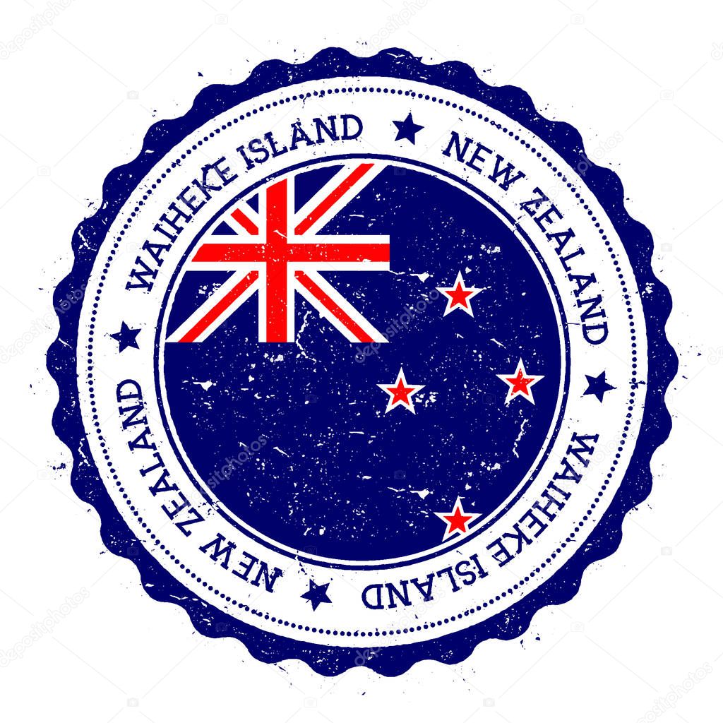 Waiheke Island flag badge. Vintage travel stamp with circular text, stars and island flag inside it. Vector illustration.