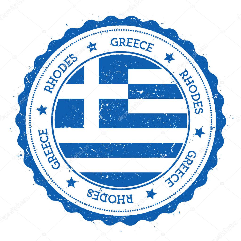 Rhodes flag badge Vintage travel stamp with circular text stars and island flag inside it Vector