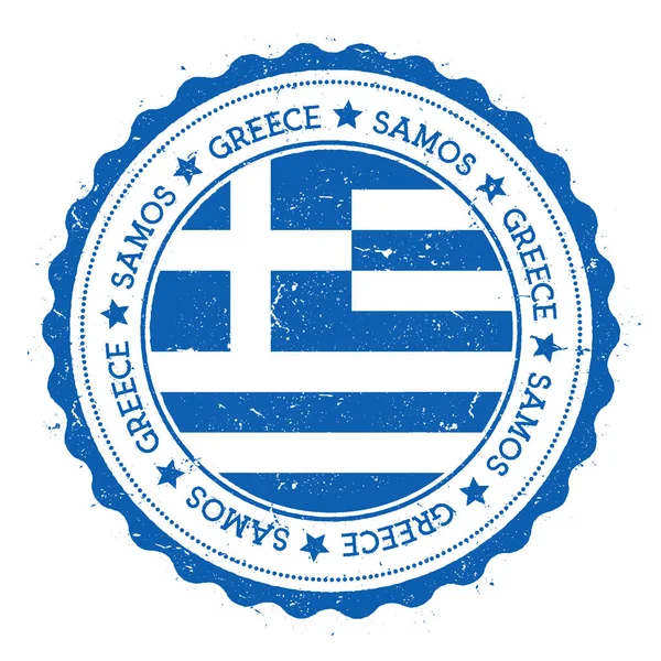 Flaga Samos odznaka Vintage pieczęć podróży z gwiazdami tekst okrągły i wektor wyspa flaga wewnątrz niego — Wektor stockowy