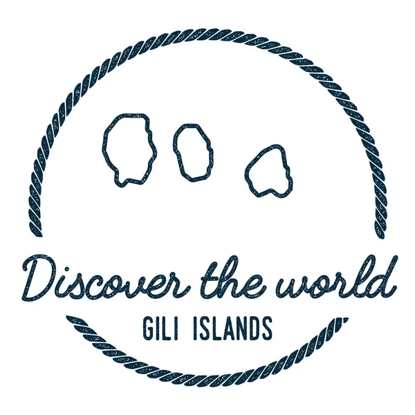 Mapa de las Islas Gili Vintage Descubre el Sello de Goma Mundial con Mapa de la Isla Hipster Style — Vector de stock