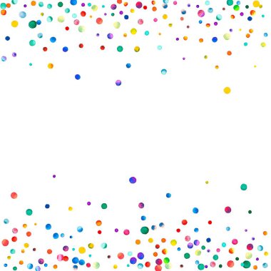 Beyaz arka plan gökkuşağı renkli suluboya konfeti dağınık sınırında yoğun sulu boya konfeti