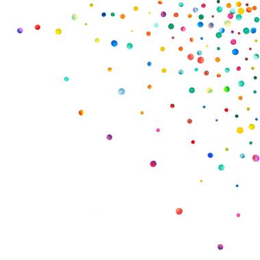 Beyaz arka plan gökkuşağı renkli suluboya konfeti dağınık üst yoğun sulu boya konfeti