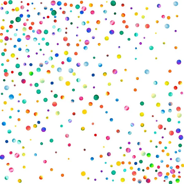 Beyaz arka plan gökkuşağı renkli suluboya konfeti dağılım deseni üzerinde yoğun sulu boya konfeti — Stok fotoğraf
