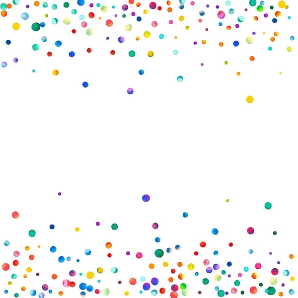 Confettis d'aquarelle denses sur fond blanc Confettis d'aquarelle colorés arc-en-ciel bordure dispersée — Photo