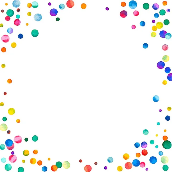 Sparse watercolor confetti on white background Rainbow colored watercolor confetti corner frame — Stock Photo, Image