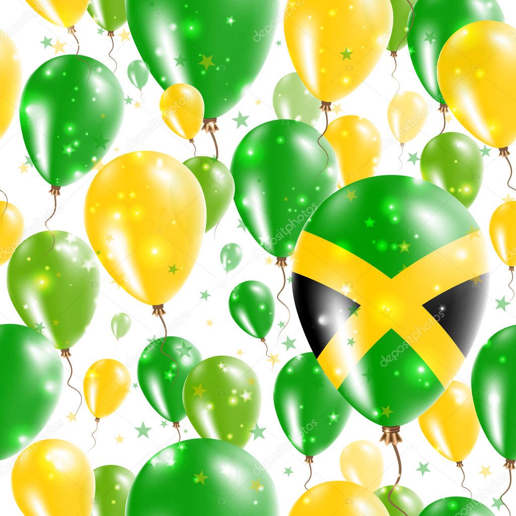 Jamaica Independence Day Seamless Pattern. Flying Rubber Balloons in Colors of the Jamaican Flag. Happy Jamaica Day Patriotic Card with Balloons, Stars and Sparkles.