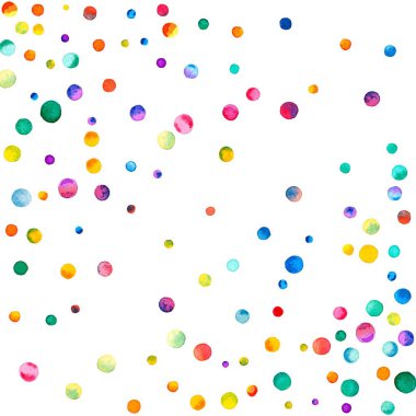Beyaz arka planda suluboya konfeti renkli gökkuşağı dağınık seyrek suluboya konfeti
