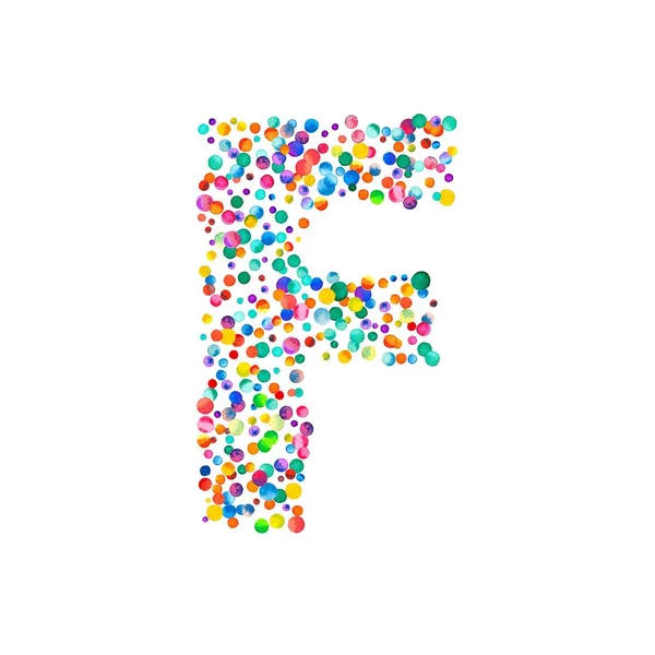 Літера f заповнені з щільною аквареллю конфетті на білому тлі барвисті яскраві руку пофарбовані — стокове фото