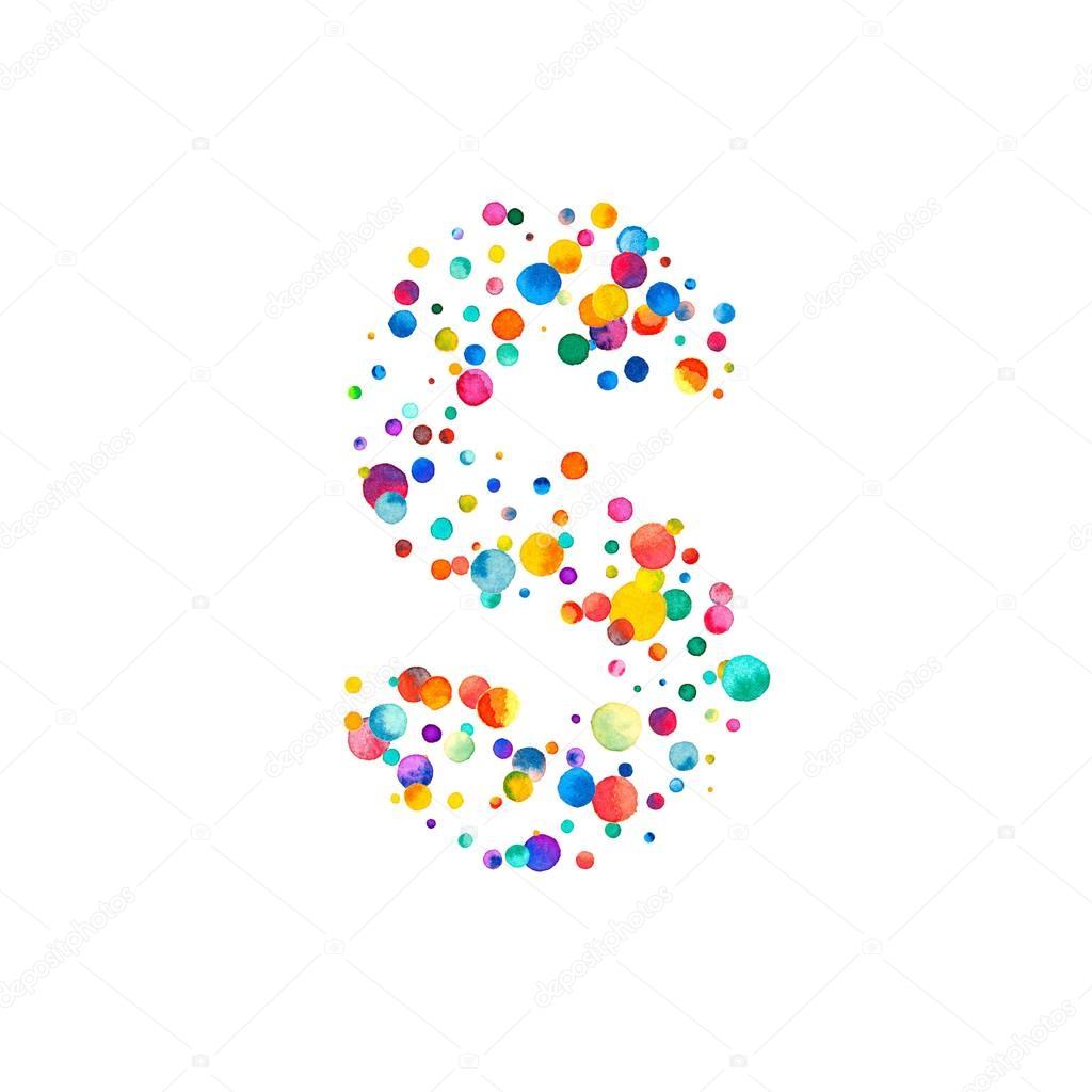 Letter s filled with sparse watercolor confetti on white background Colorful bright hand painted