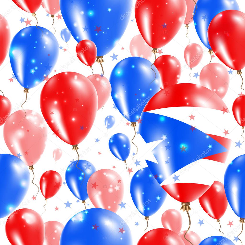 Puerto Rico Independence Day Seamless Pattern. Flying Rubber Balloons in Colors of the Puerto Rican Flag. Happy Puerto Rico Day Patriotic Card with Balloons, Stars and Sparkles.