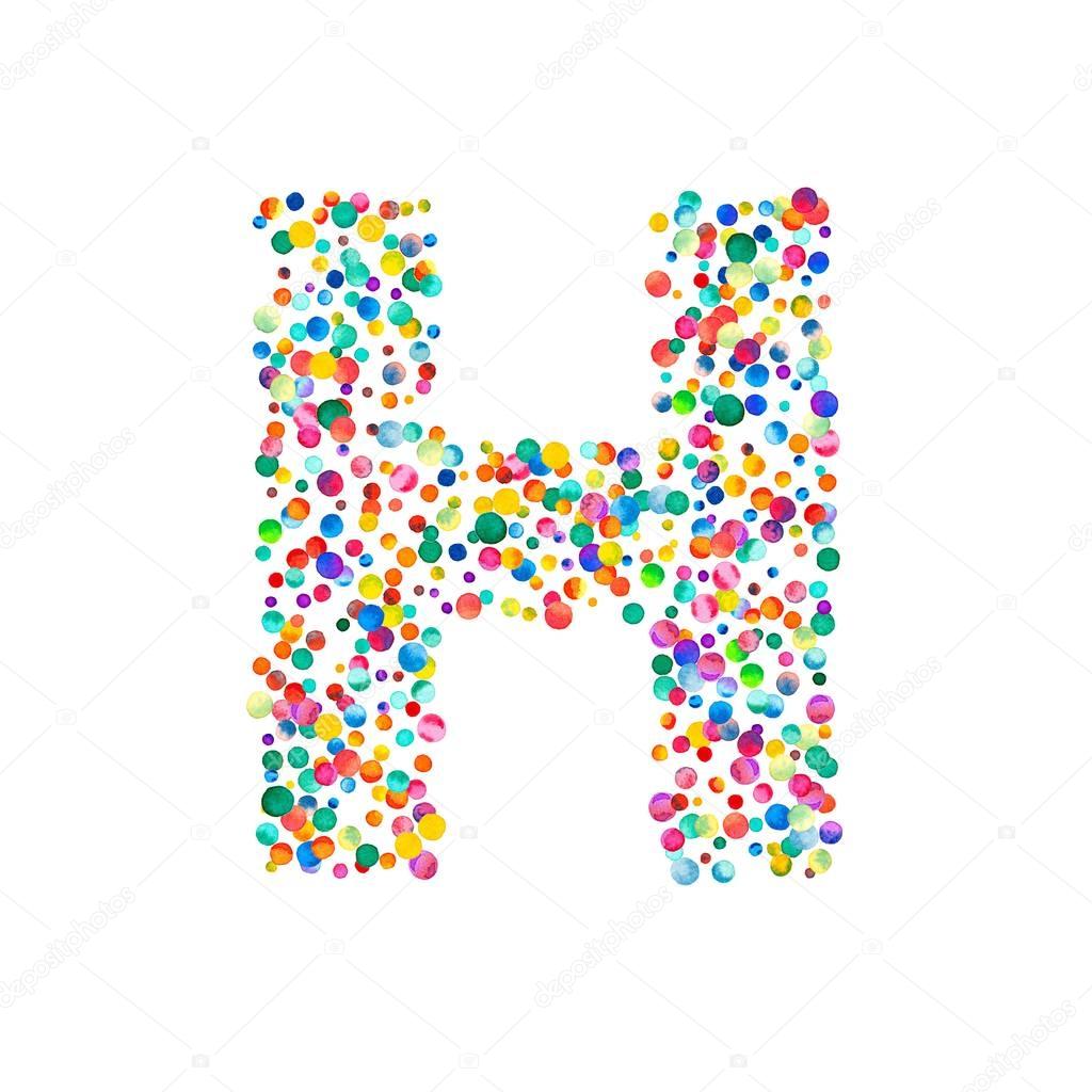 Letter h filled with dense watercolor confetti on white background Colorful bright hand painted